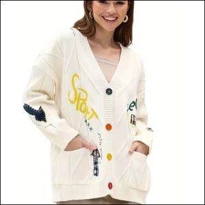 Ebossy Cream Cableknit Chunky Embroidered Cardigan Sweater